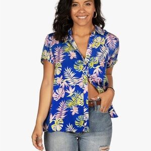 Tipsy Elves Women’s Hawaiian Short Sleeve Tie Shirt Blue Floral Size Medium